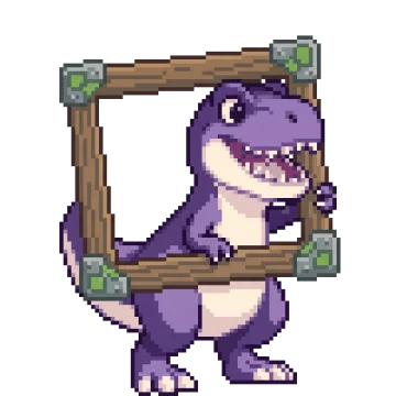 Pixel-Figur: ein violetter Dino schaut grinsend durch einen leeren Holzrahmen.