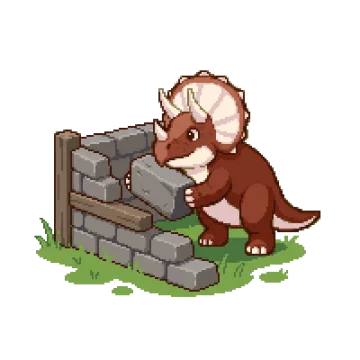 Pixel-Figur: ein rostroter Dino mit Nackenschild schiebt einen Stein zurück an seinen Platz.