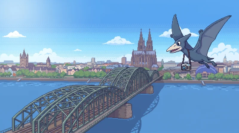 Pixel-Szene hoch über der Kölner Hohenzollernbrücke: ein schieferblauer Flugsaurier mit Kamera am Riemen fliegt am Dom vorbei.