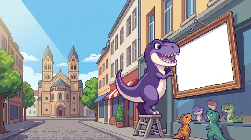 Pixel-Szene im Belgischen Viertel in Köln: ein violetter Dino hängt einen großen Bilderrahmen mit einer kleinen Website darin als Schaufenster an eine Ladenfront, kleine Dinos schauen zu.
