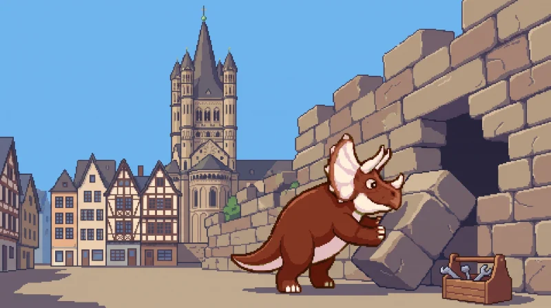 Pixel-Szene in der Kölner Altstadt: ein rostroter Dino mit Nackenschild schiebt einen herausgefallenen Stein mit den Hörnern zurück in eine alte Mauer, daneben eine Werkzeugkiste.